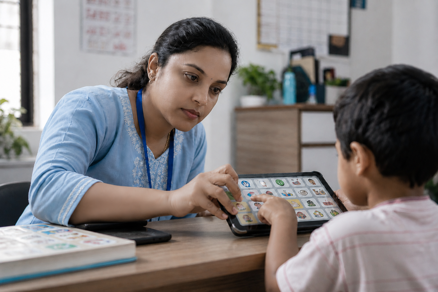 A child in a specialist's therapy room — the family your donation builds this for
